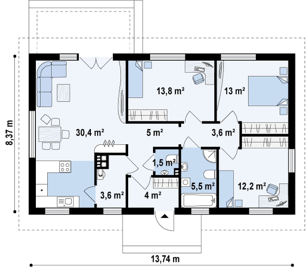 Планировка дома 10 на 12 одноэтажный с 3 спальнями